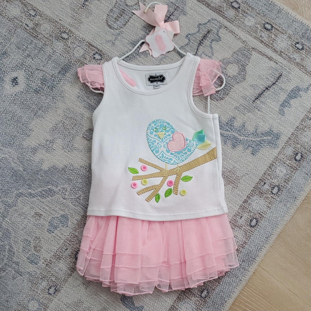 NWT Mud Pie Little Chick Applique Skirt Skort Set Pink Ruffle Tulle Sz24m/2T